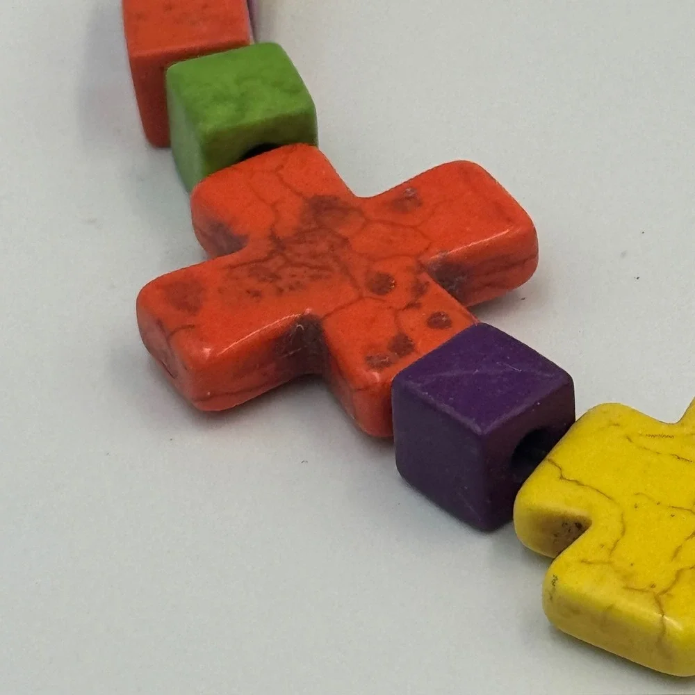 Multicolor Stone Cube Cross‎ Jewelry Set Necklace Bracelet Earrings Boho Rainbow